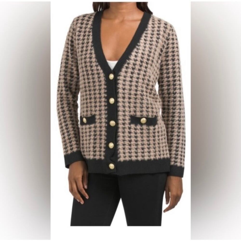 Tahari Black and Tan Houndstooth Cardigan